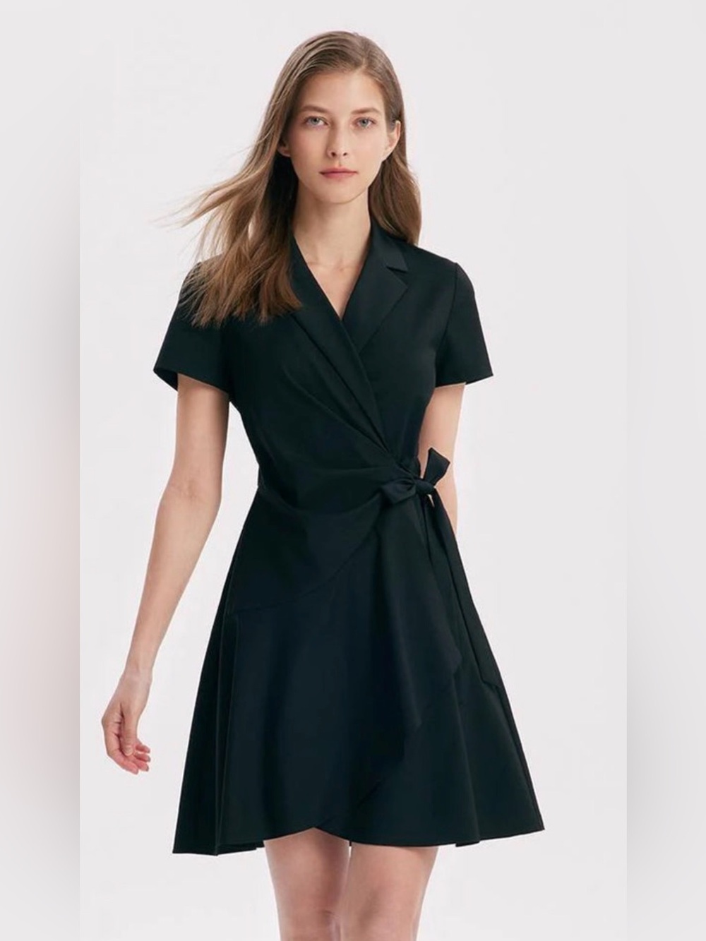 NWT GOELIA Black V-Neck Notched Lapel Wrap Mini Dress